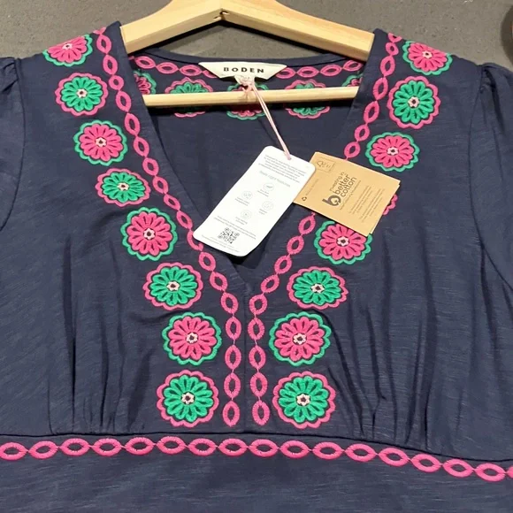 NWT Navy Boden Dress with Colorful Embroidery, Tencel Cotton - Picture 7 of 9
